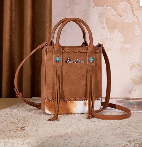 Montana West Hair-On Cowhide Fringe Tote/Crossbody - Brown image