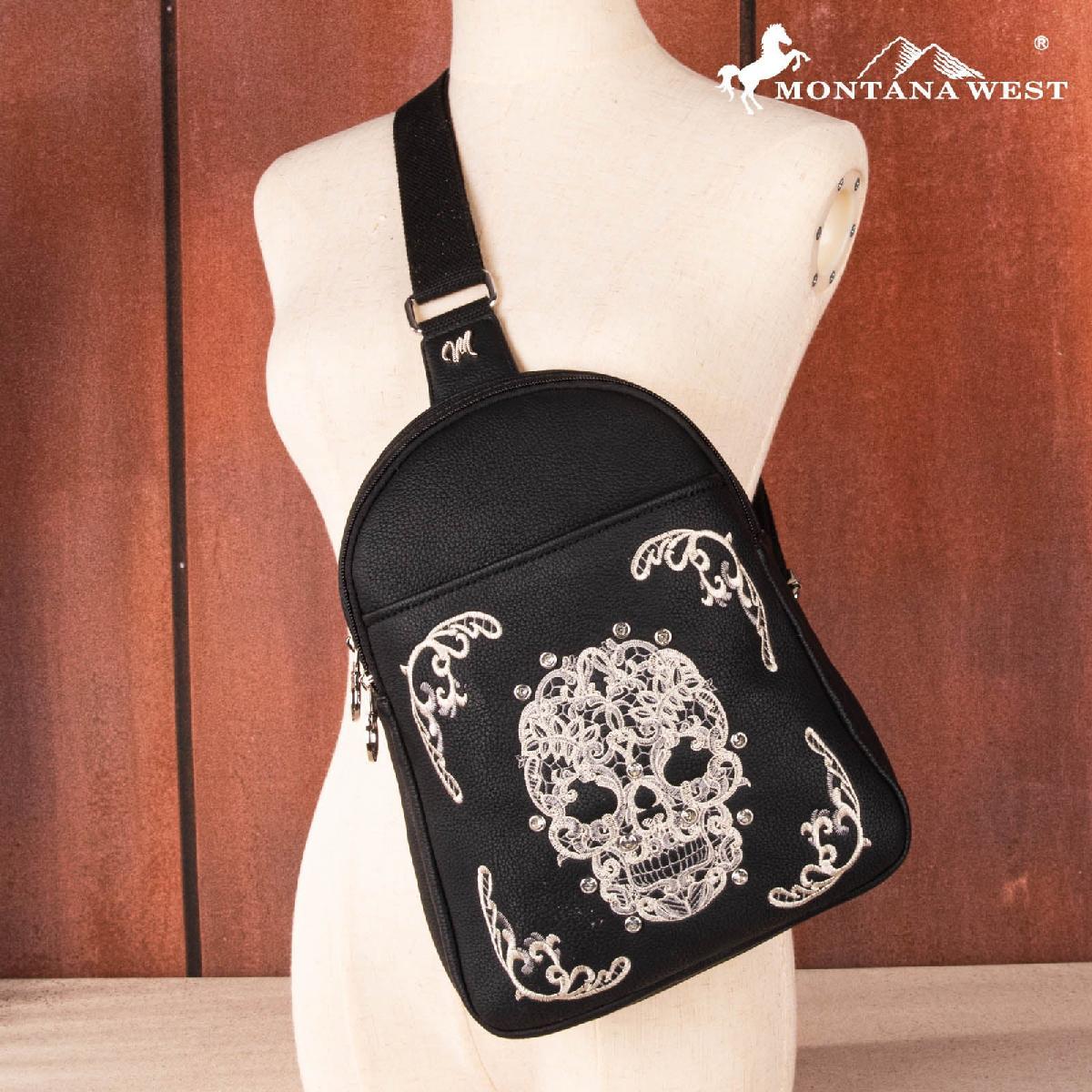 Montana West Embroidered Skull Crossbody Bag - Black & White image