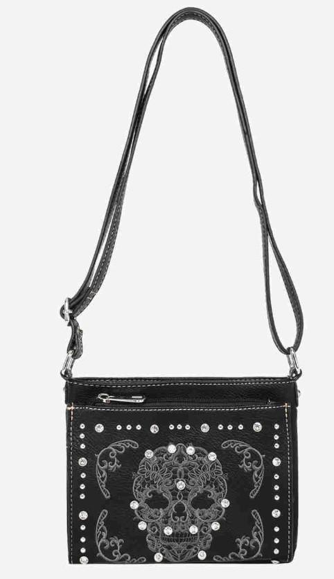 Montana West Embroidered Sugar Skull Organizer Crossbody - Black image