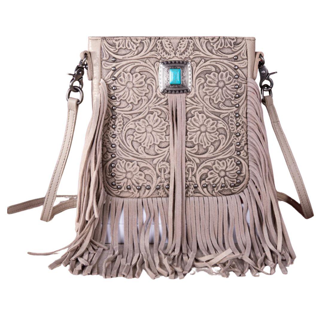 Montana West Genuine Leather Tooled Silver Turquoise Concho Fringe Crossbody - Beige image