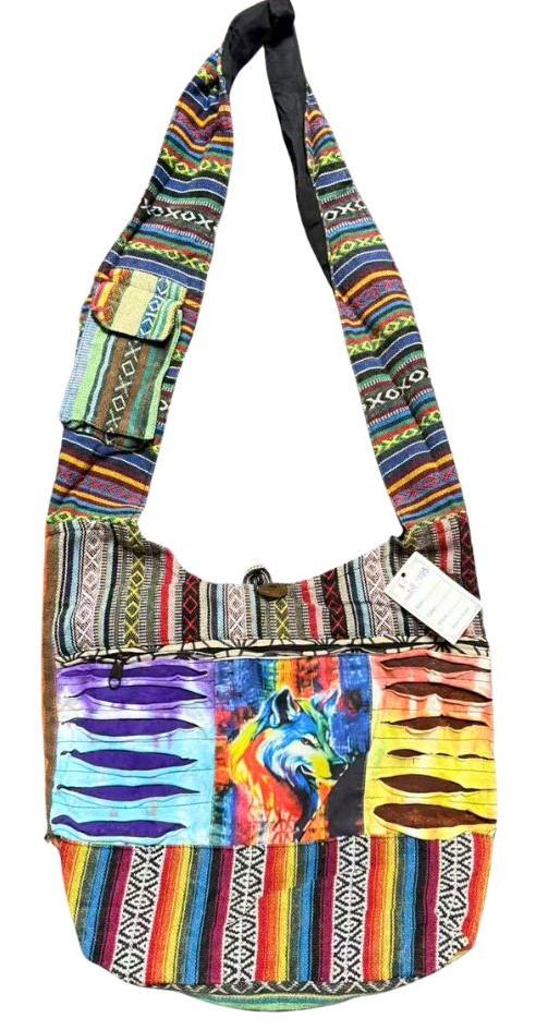 Tie Dye Patchwork Crossbody Hobo Bags With Wolf Graphic image