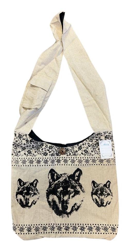 Nepal Handmade Hemp/Cotton Crossbody Hobo Bags - Triple Wolf Print image