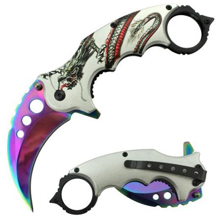7" Spring-Assisted Dragon Karambit Knife - Rainbow image