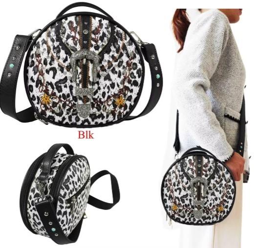 Western Style Leopard Print Round Crossbody Bag With Rhinestone Buckle - Black image