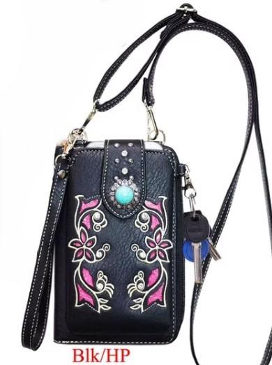 Flower Embroidery Phone Wallet With Rhinestone Studs - Hot Pink image
