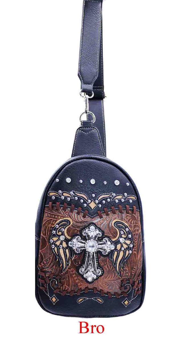 Western Crossbody Backpack With Wing Cross Design - Brown image