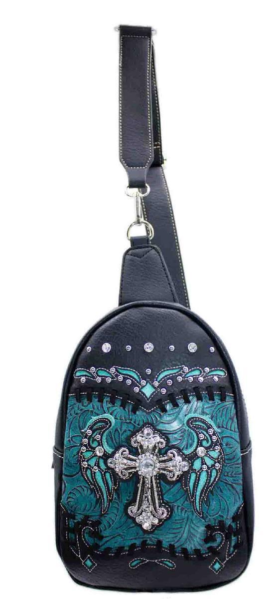 Western Crossbody Backpack With Wing Cross Design - Blue image