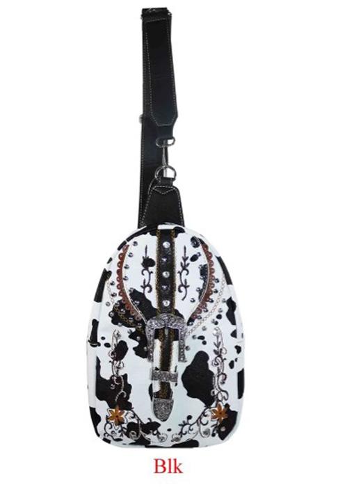 Western Style Cow Print Backpack With Rhinestone Buckle - Black image
