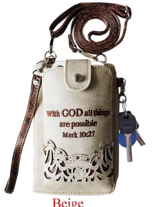 "With God All Things Are Possible" Rhinestone Cross Phone Wallet - Beige image