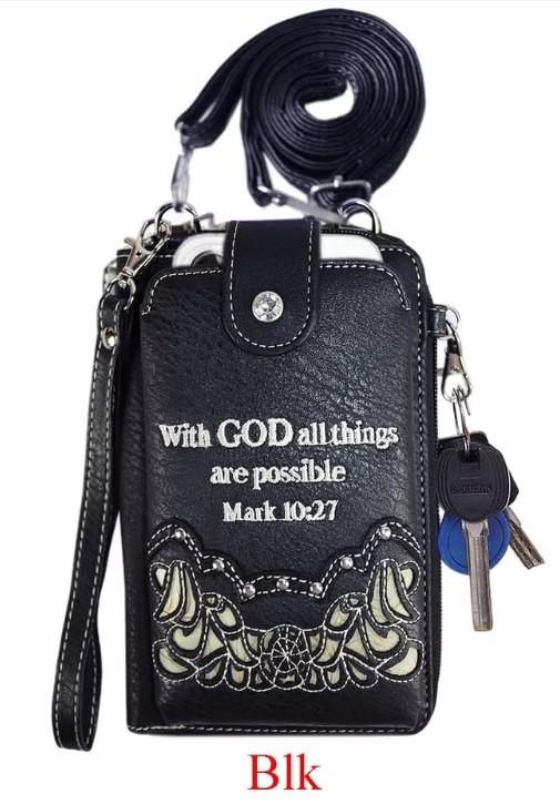 "With God All Things Are Possible" Rhinestone Cross Phone Wallet - Black image