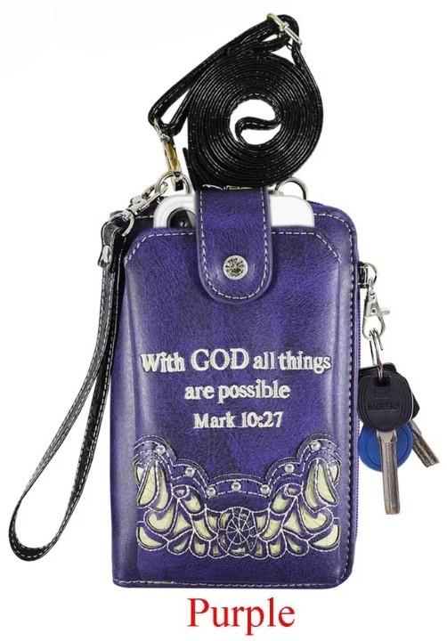 "With God All Things Are Possible" Rhinestone Cross Phone Wallet - Purple image