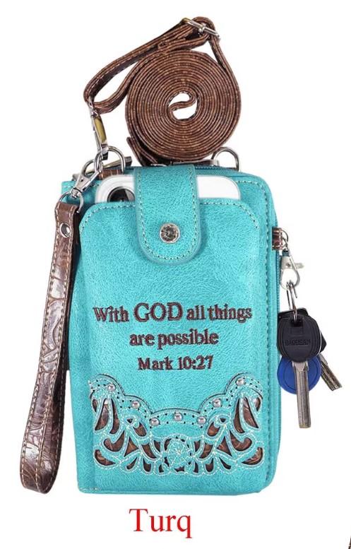 "With God All Things Are Possible" Rhinestone Cross Phone Wallet - Turquoise image