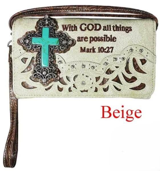"With God All Things Are Possible" Concho Style Cross Cell Phone Wallet-Beige image