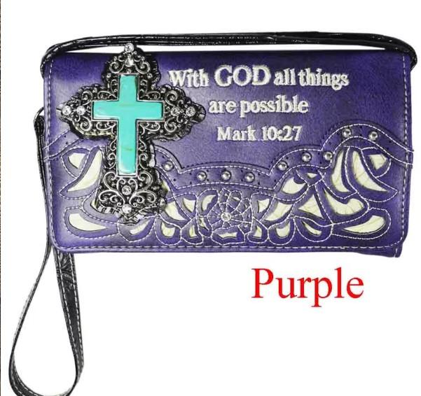 "With God All Things Are Possible" Concho Style Cross Cell Phone Wallet-Purple image