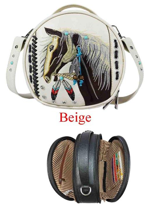 Round Crossbody Bag With Horse Embroidery - Beige image
