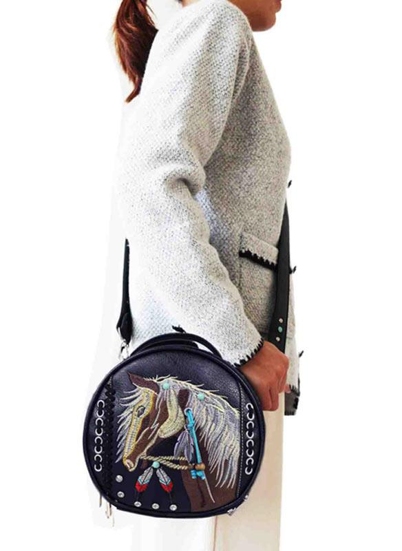 Round Crossbody Bag With Horse Embroidery - Black image
