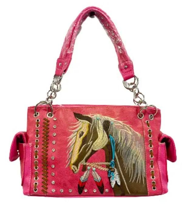 Western Horse Embroidery Concealed Carry Purse - Hot Pink image