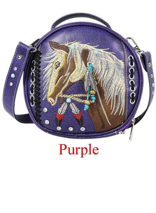 Round Crossbody Bag With Horse Embroidery - Purple image