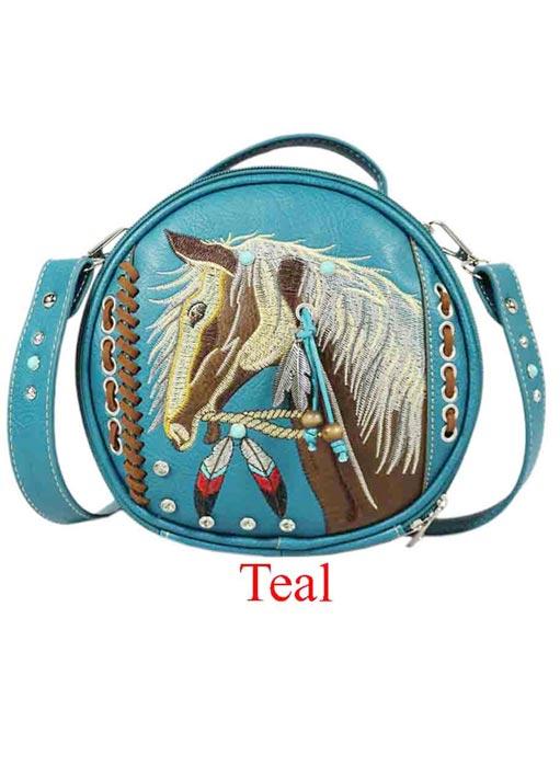 Round Crossbody Bag With Horse Embroidery - Teal image