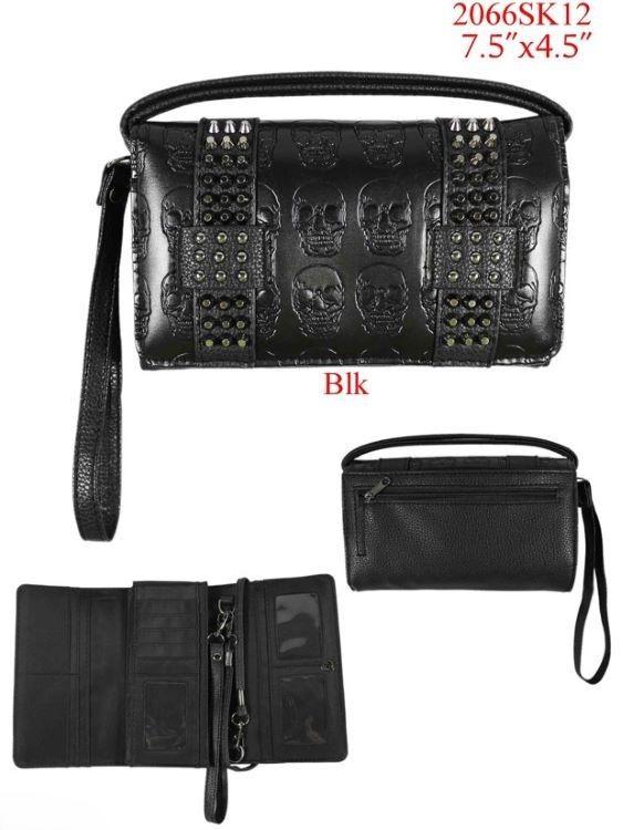 Embossed Skull Wallet Purse With Studs - Black image