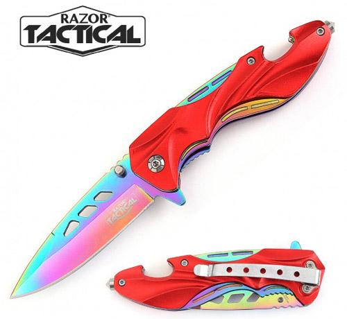 4.75'' Spring-Assisted Knife With Red Handle & Rainbow Blade image