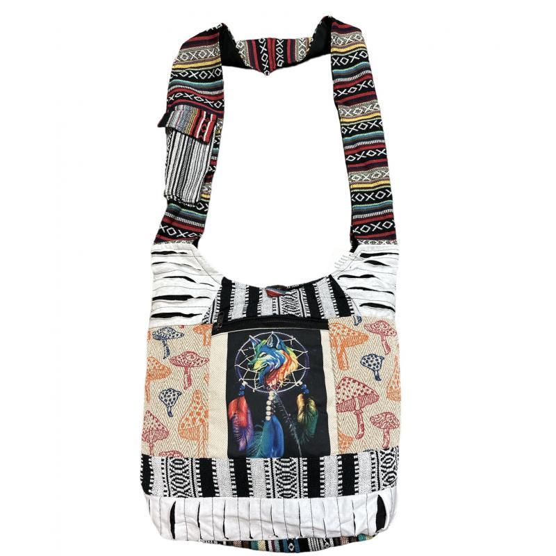 Nepal Handmade Hemp/Cotton Razor Patchwork Bags - Dream Catcher Wolf With Mushrooms image
