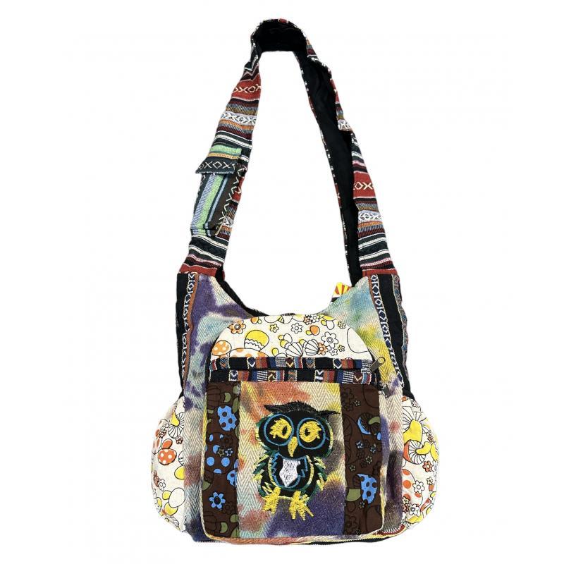 Nepal Handmade Cotton/Hemp Sling Bags - Tie Dye Owl With Mushroom Print image