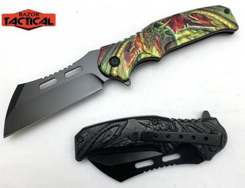 Spring-Assisted Knife With ABS Handle - Green & Red Dragon image