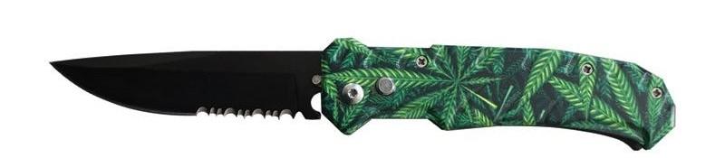 8" Automatic Knife Clip Point Serrated Switchblade - Marijuana Leaf image