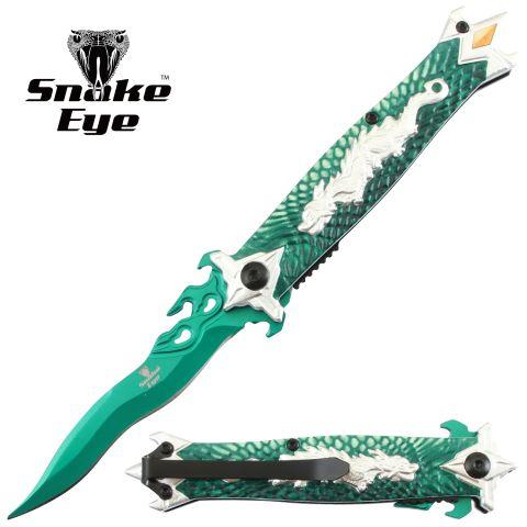 8.25'' Snake Eye Tactical Spring-Assisted Knife With Wavy Blade - Green Dragon image
