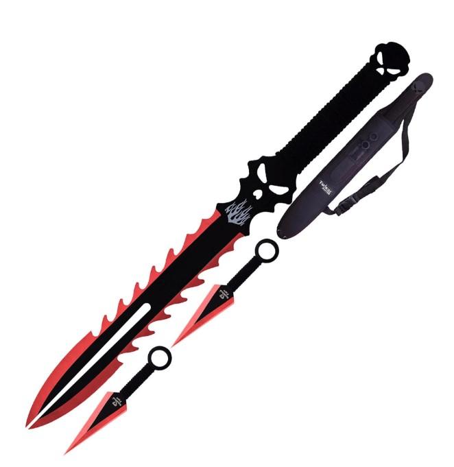 Snake Eye Sawtooth Ninja Sword And 2 Kunai Throwing Knife Set - Red image