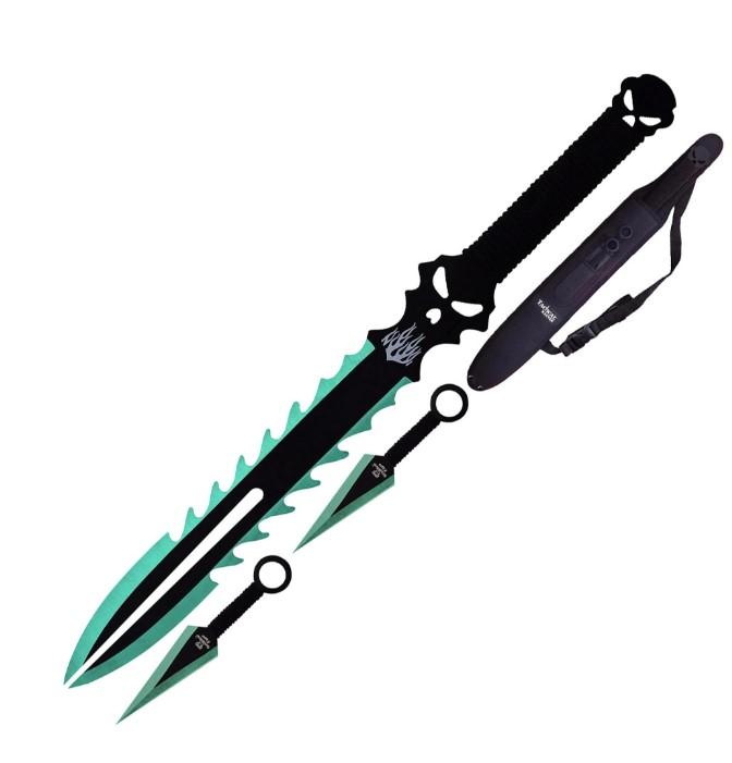 Snake Eye Sawtooth Ninja Sword And 2 Kunai Throwing Knife Set - Turquoise image