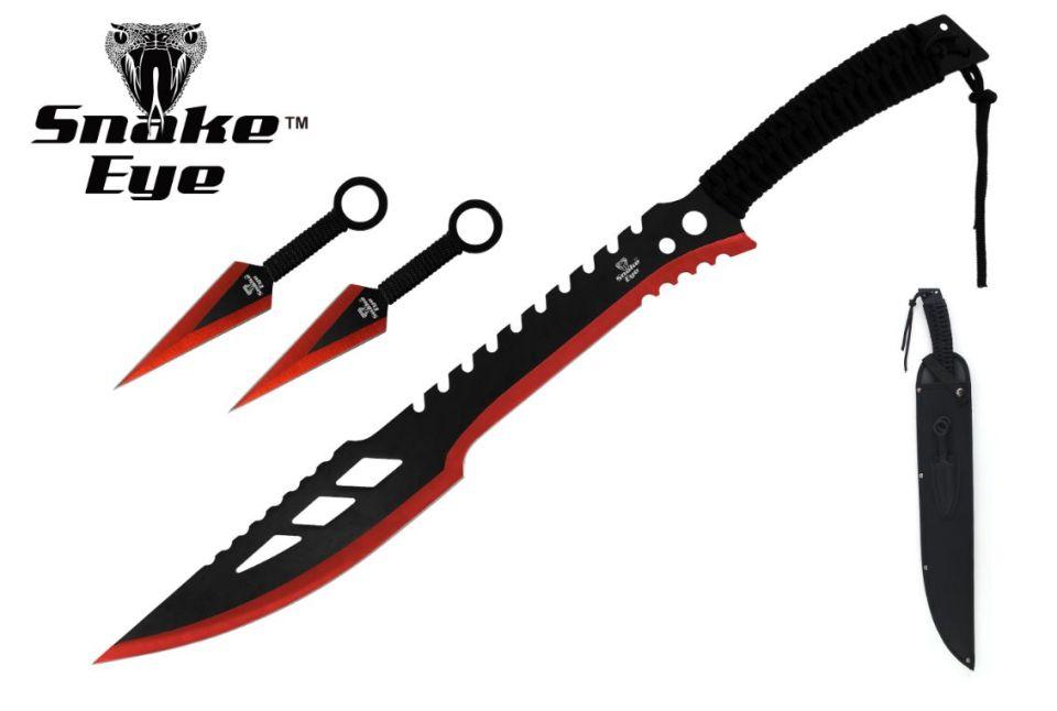 Snake Eye Tactical Ninja Sword And 2 Kunai Throwing Knife Set - Red image