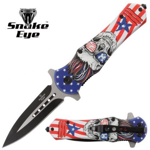 Snake Eye Tactical Spring Assisted Knife - USA Flag Skull image