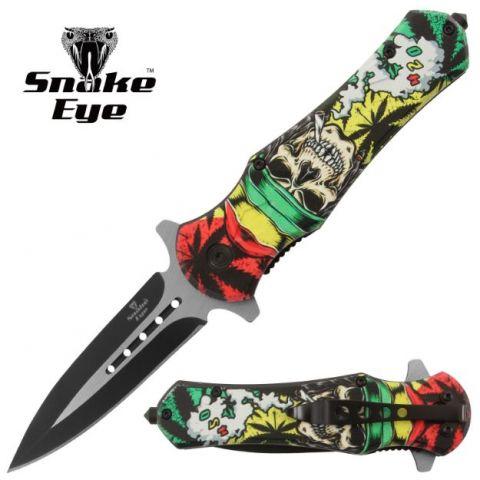 Snake Eye Tactical Spring Assisted Knife - Rasta Marijuana Skull image