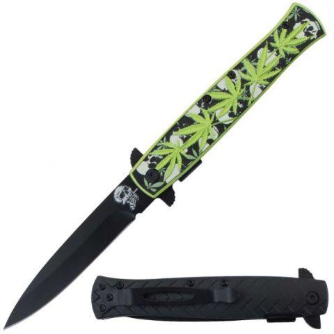 Snake Eye Tactical Stiletto Spring Assisted Knife - Green Marijuana Leaf image