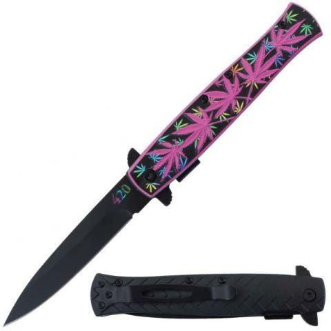 Snake Eye Tactical Stiletto Spring Assisted Knife - Pink Marijuana Leaf image