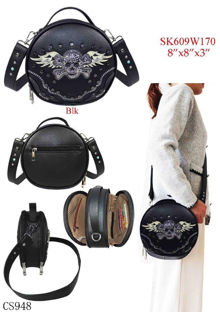 Rhinestone Skull Round Crossbody Bag - Black image
