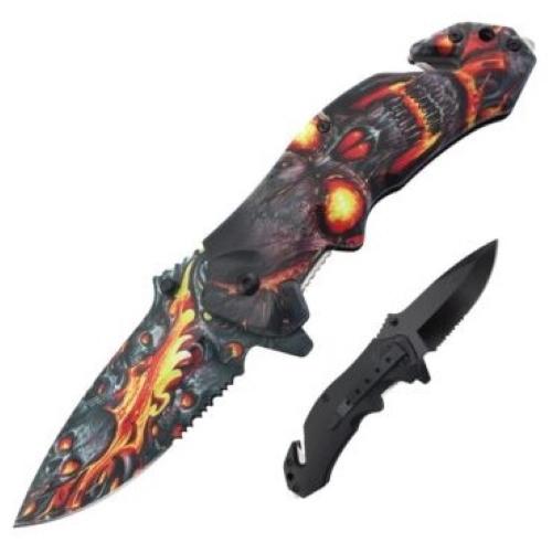 8'' UV-Printed Spring Assisted Folding Knife - Fire Skull image