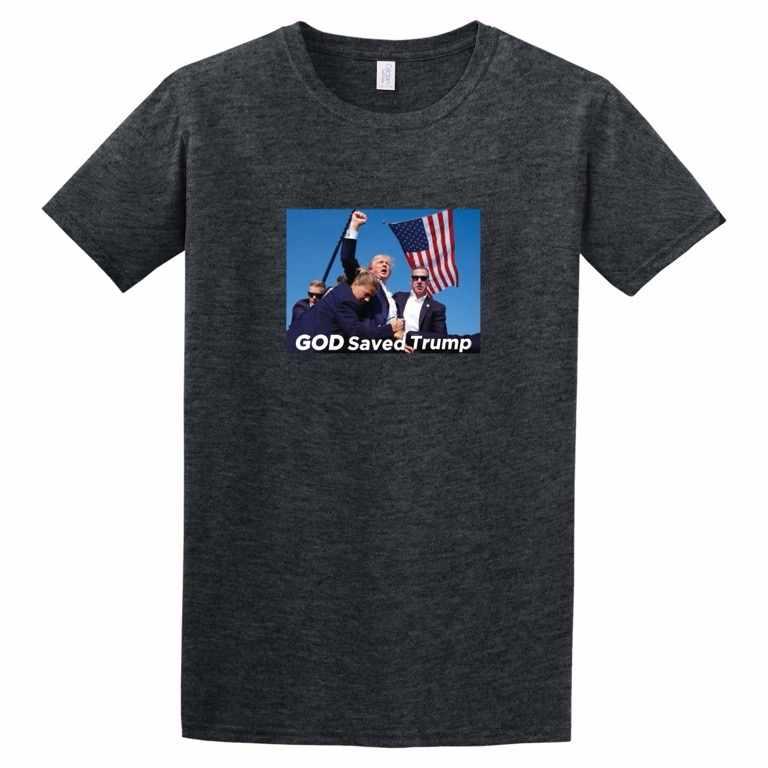 "God Saved Trump" Trump 2024 Shooting Dark Heather T-Shirts image