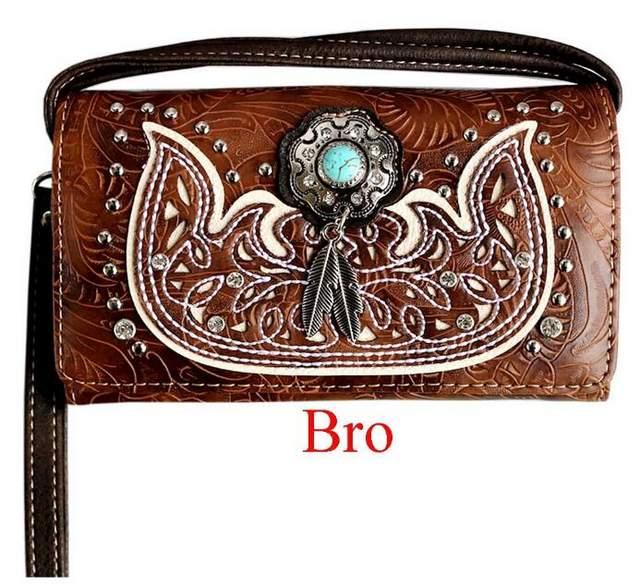 Wholesale Western Style Concho Rhinestone Stunned Wallet Purse-Brown image