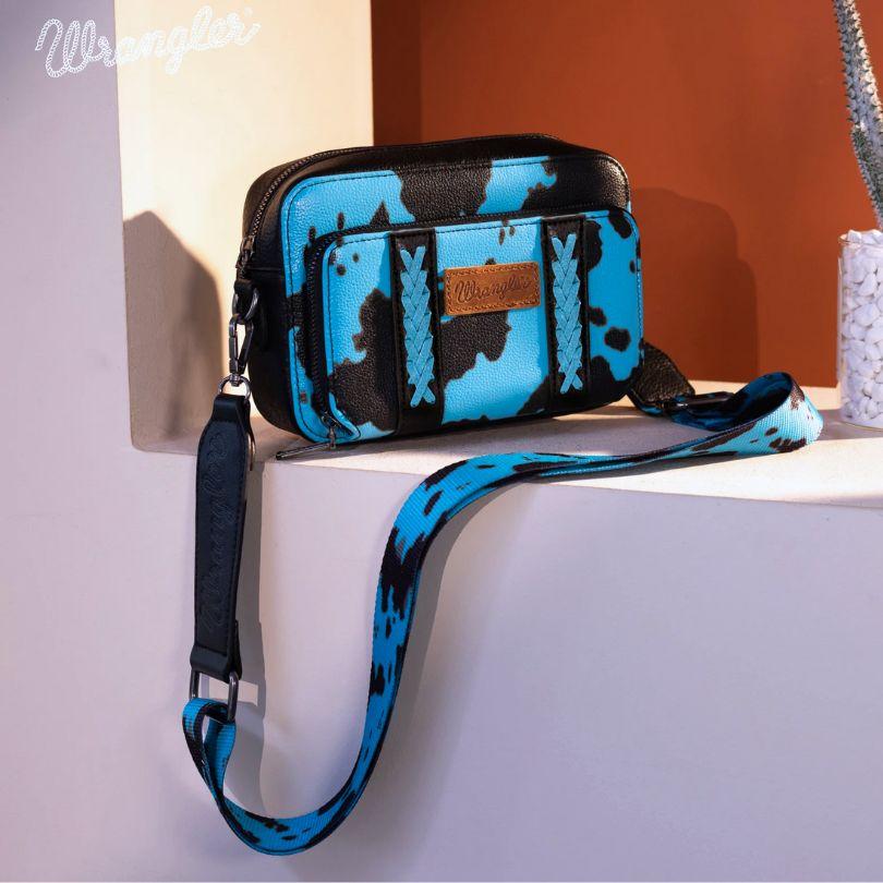 Wrangler Cow Print Crossbody Purse With Wallet Compartment - Turquoise image