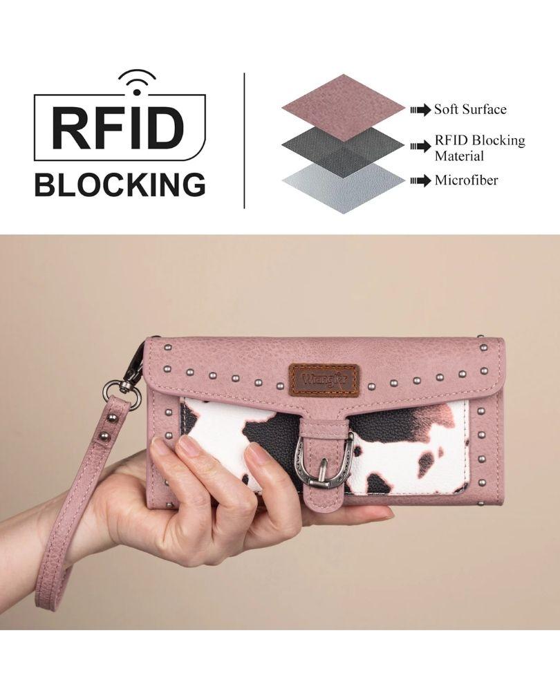 Wrangler Cow Print RFID Wristlet Wallet With Detachable Card Holder - Pink image