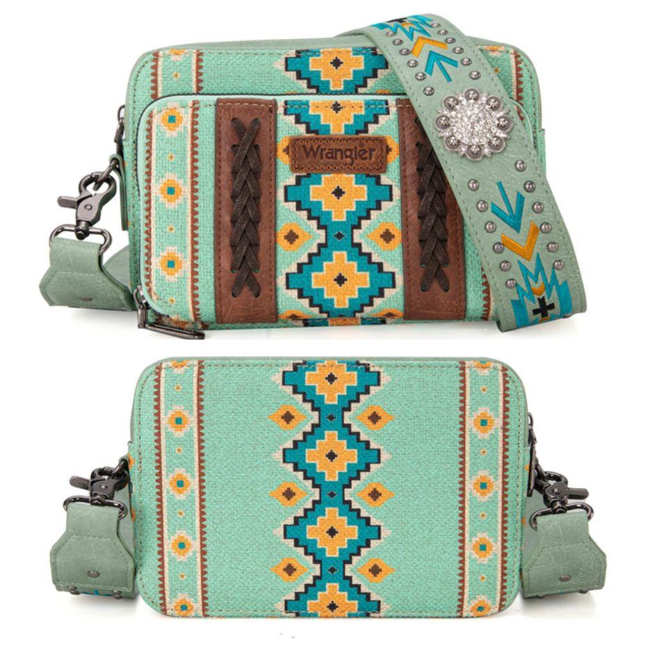 Wrangler Aztec Printed Crossbody Purse With Wallet Compartment - Green image