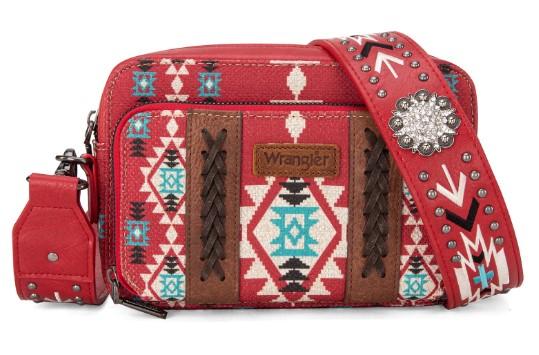 Wrangler Aztec Printed Crossbody Purse With Wallet Compartment - Red image