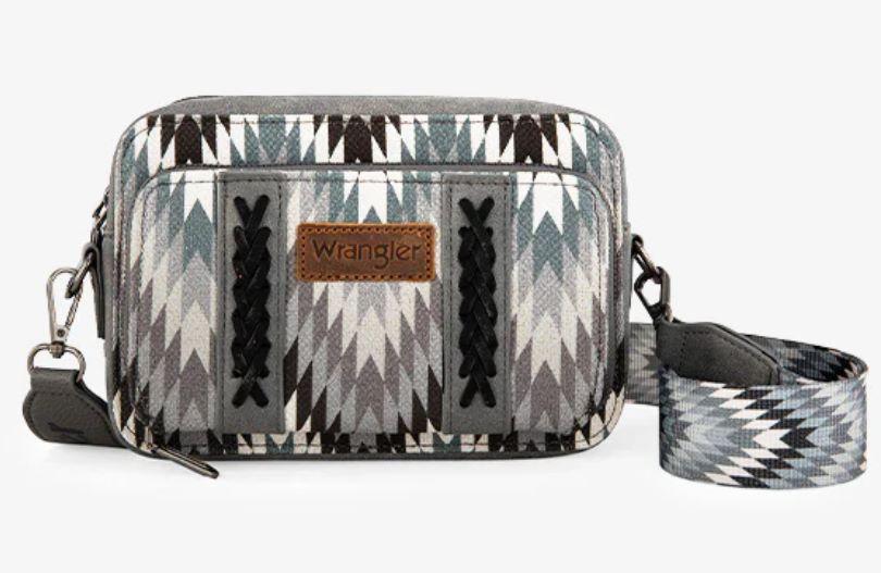 Wrangler Aztec Pattern Crossbody Purse With Dual-Sided Print - Gray image