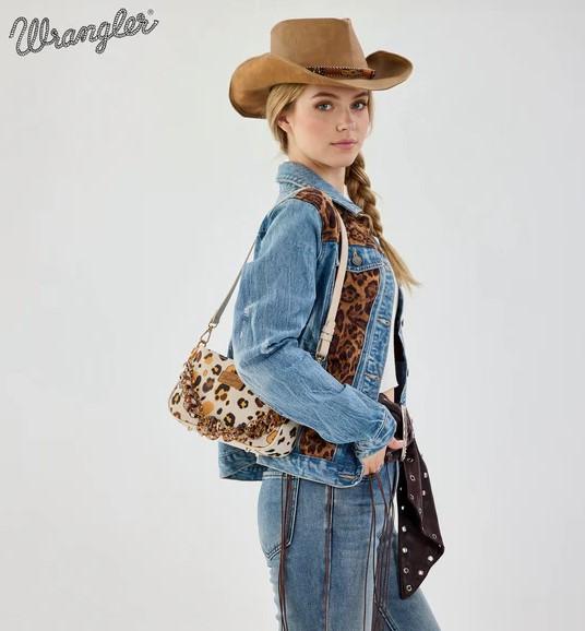 Wrangler Leopard Print Canvas Shoulder Bag with Chain Strap - Beige image