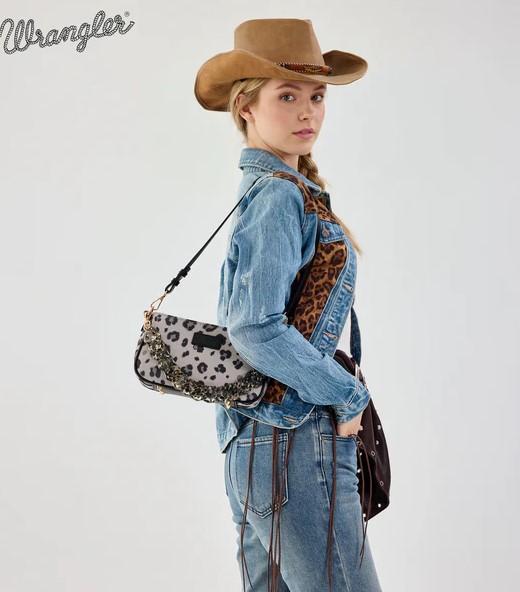 Wrangler Leopard Print Canvas Shoulder Bag with Chain Strap -Black image