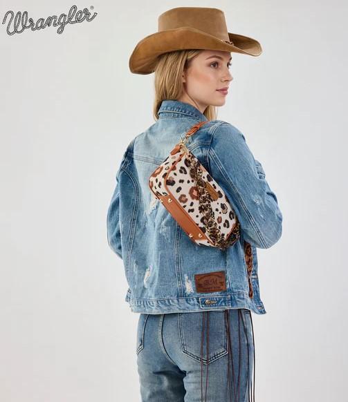 Wrangler Leopard Print Canvas Shoulder Bag with Chain Strap -Brown image