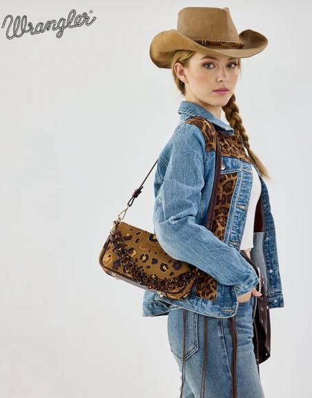 Wrangler Leopard Print Canvas Shoulder Bag with Chain Strap - Coffee image